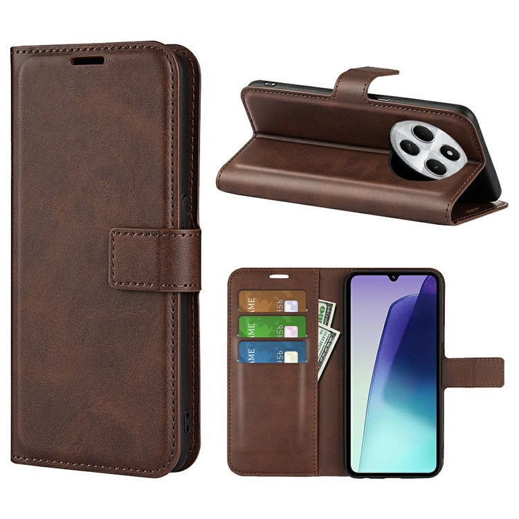 For Xiaomi Poco C75 4G / Redmi 14R 5G / 14C 4G Stand Case Anti-Scratch Calf Texture Leather Phone Cover - Brown