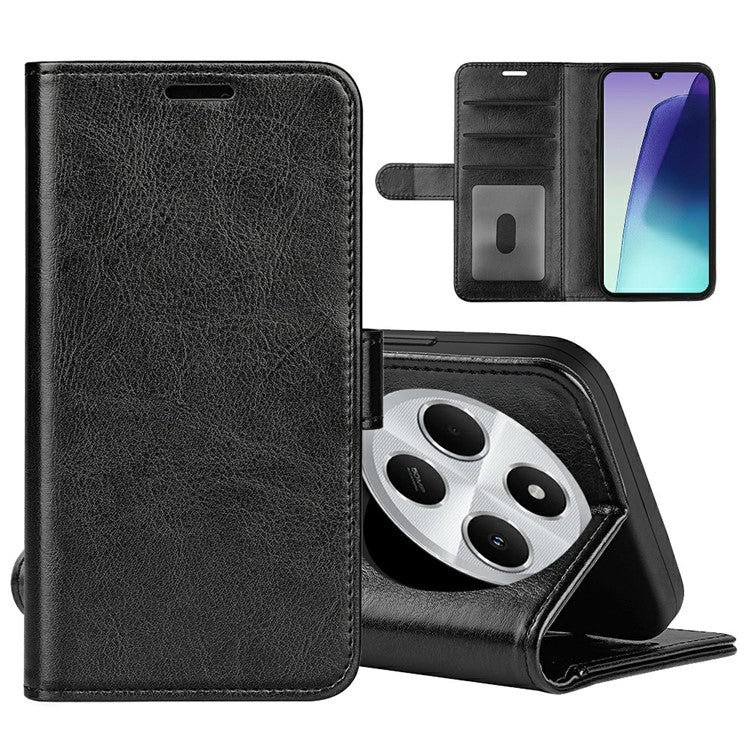 For Xiaomi Poco C75 4G / Redmi 14R 5G / 14C 4G Wallet Case Crazy Horse Texture Stand Leather Phone Cover - Black