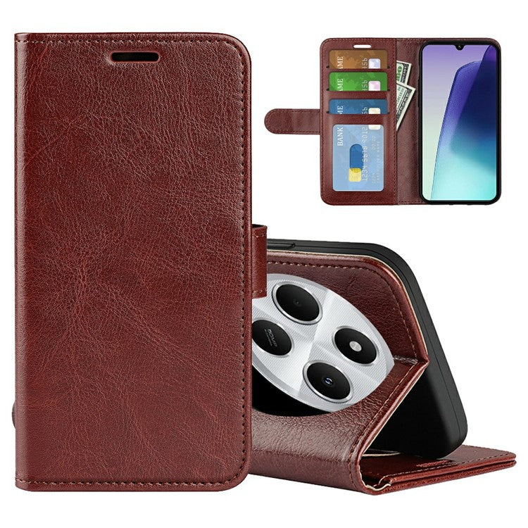 For Xiaomi Poco C75 4G / Redmi 14R 5G / 14C 4G Wallet Case Crazy Horse Texture Stand Leather Phone Cover - Brown