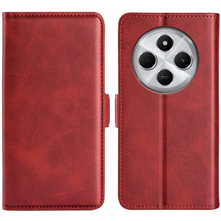 For Xiaomi Poco C75 4G / Redmi 14R 5G / 14C 4G Stand Case Calf Texture Leather Wallet Phone Cover - Red