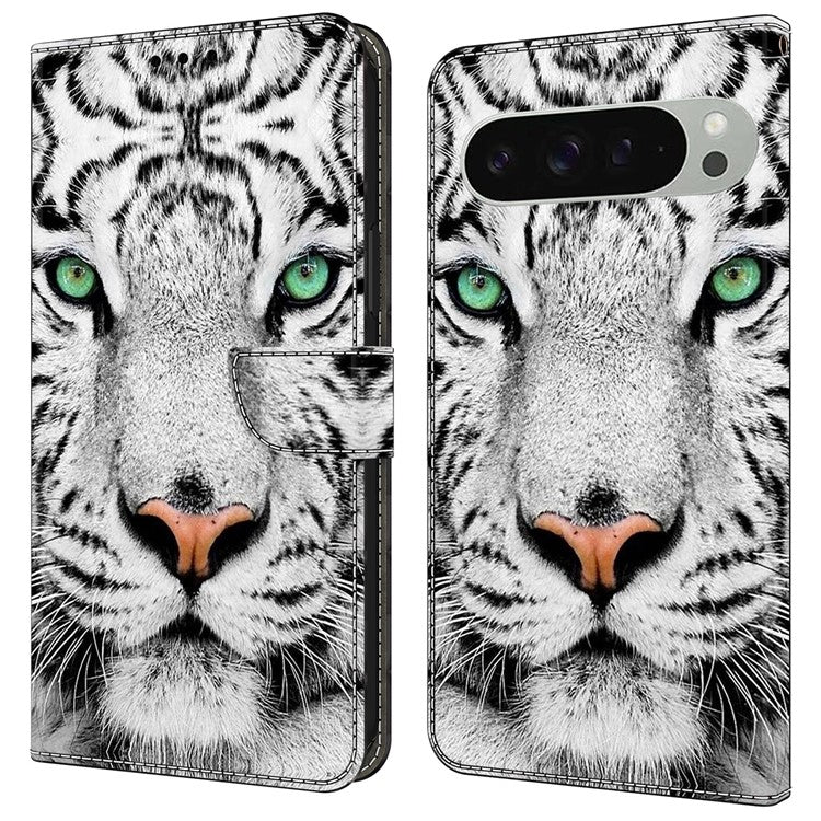 For Google Pixel 9 Pro XL Case Pattern Printed Protective Cover TPU+PU Leather Flip Phone Case - Tiger Face