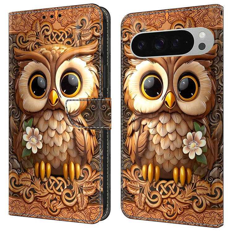 For Google Pixel 9 Pro XL Case Pattern Printed Protective Cover TPU+PU Leather Flip Phone Case - Red Owl