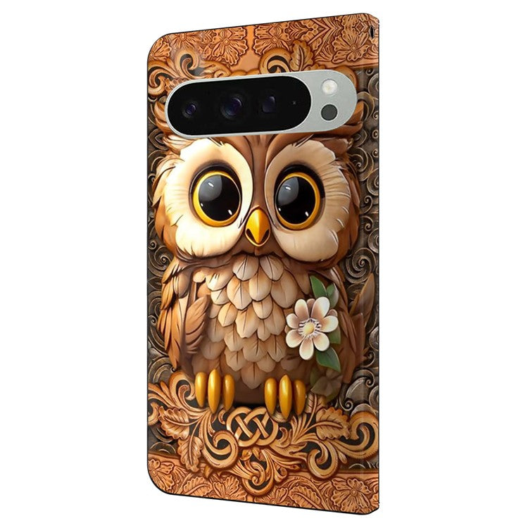 For Google Pixel 9 Pro XL Case Pattern Printed Protective Cover TPU+PU Leather Flip Phone Case - Red Owl