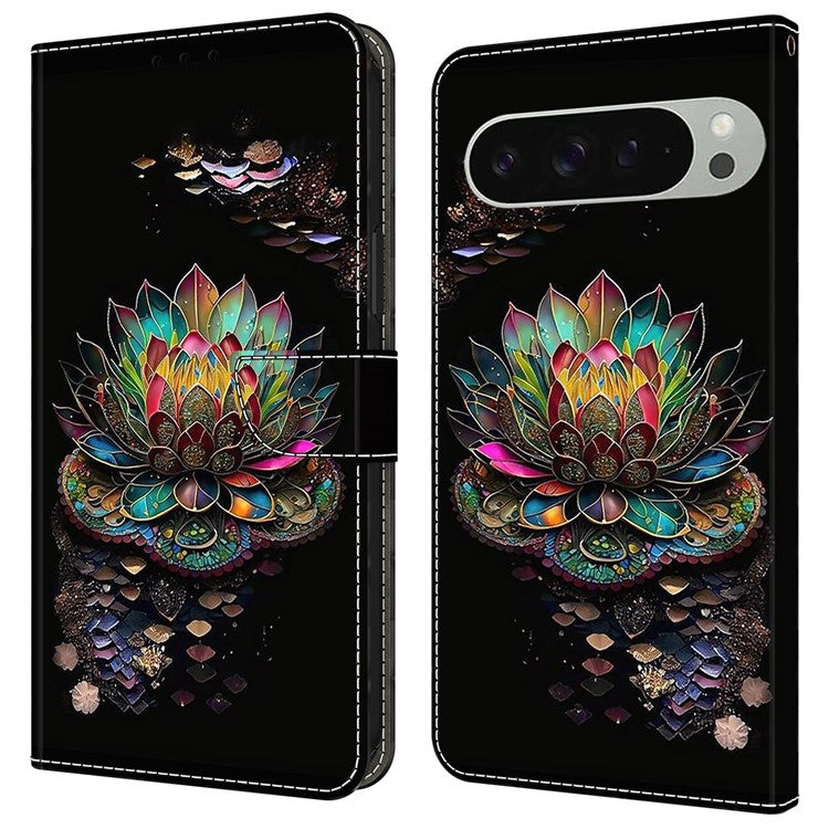 For Google Pixel 9 Pro XL Case Pattern Printed Protective Cover TPU+PU Leather Flip Phone Case - Lotus