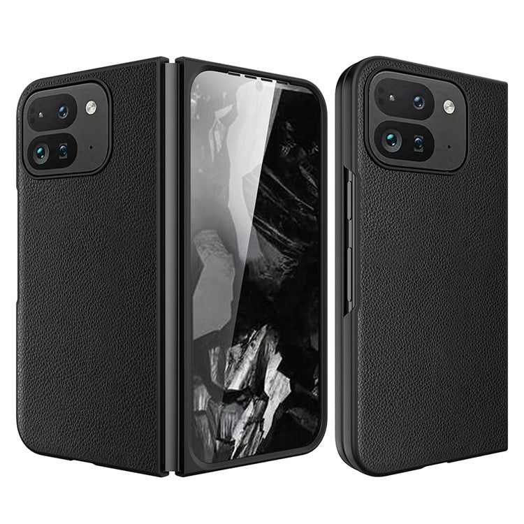 For Google Pixel Fold 2 Case Litchi Texture Leather+PC Phone Cover with Tempered Glass Film - Black