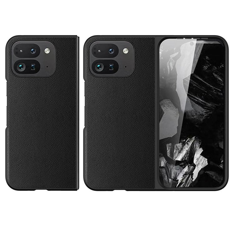 For Google Pixel Fold 2 Case Litchi Texture Leather+PC Phone Cover with Tempered Glass Film - Black