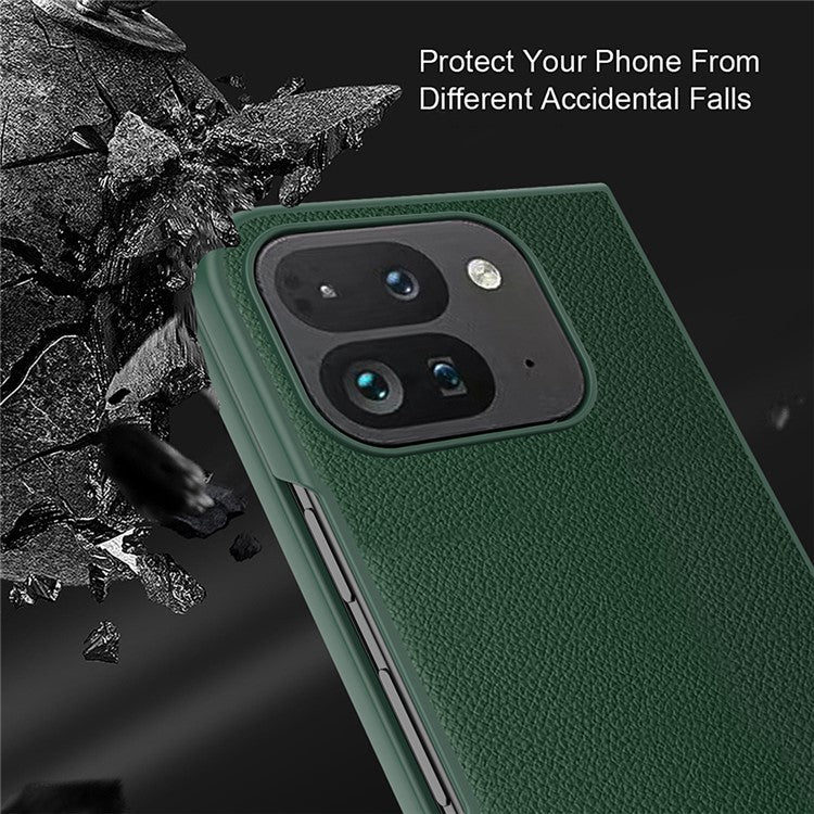 For Google Pixel Fold 2 Case Litchi Texture Leather+PC Phone Cover with Tempered Glass Film - Black