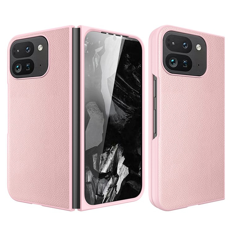 For Google Pixel Fold 2 Case Litchi Texture Leather+PC Phone Cover with Tempered Glass Film - Pink