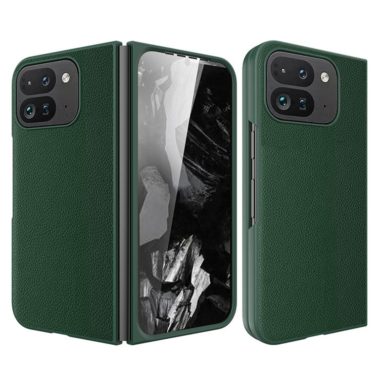 For Google Pixel Fold 2 Case Litchi Texture Leather+PC Phone Cover with Tempered Glass Film - Green