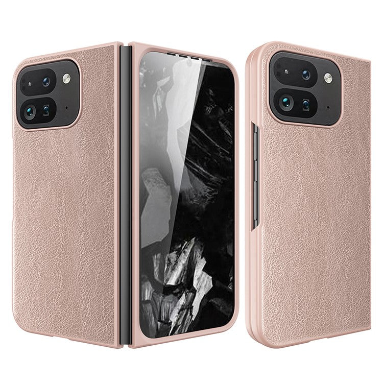 For Google Pixel Fold 2 Case Litchi Texture Leather+PC Phone Cover with Tempered Glass Film - Rose Gold