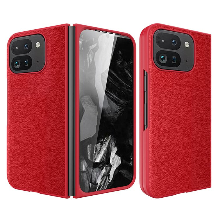 For Google Pixel Fold 2 Case Litchi Texture Leather+PC Phone Cover with Tempered Glass Film - Red