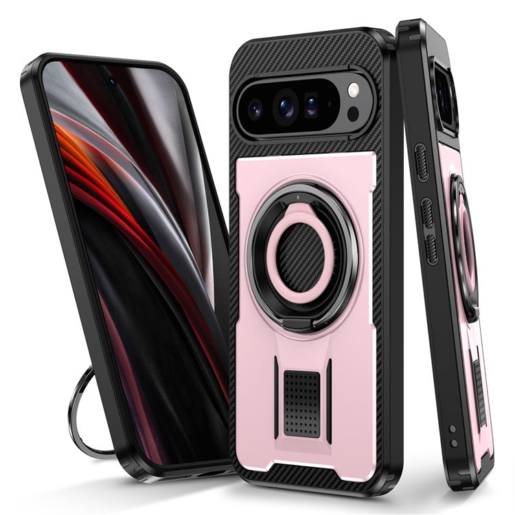 For Google Pixel 9 Pro XL Case TPU+PC Kickstand Phone Cover with Silicone Finger Strap - Rose Gold