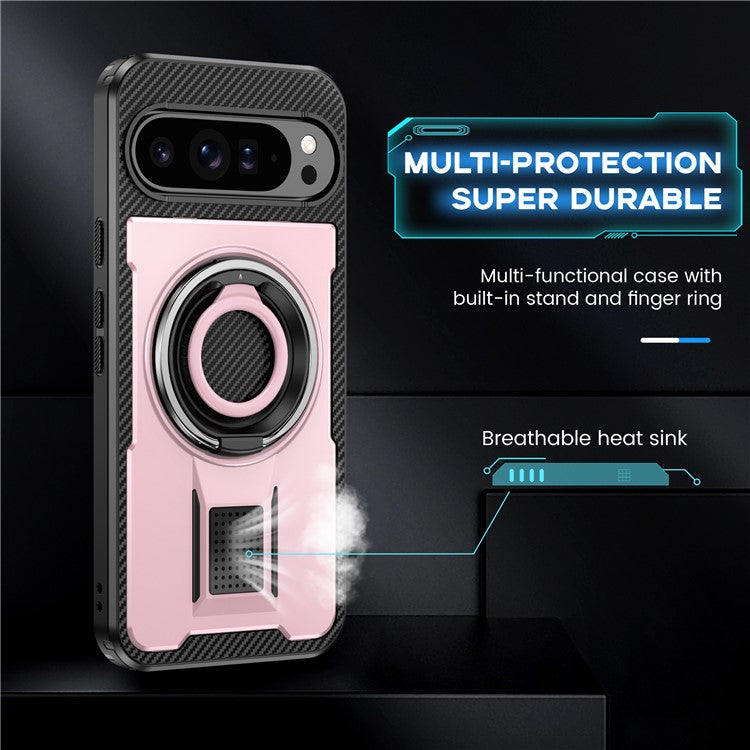 For Google Pixel 9 Pro XL Case TPU+PC Kickstand Phone Cover with Silicone Finger Strap - Rose Gold