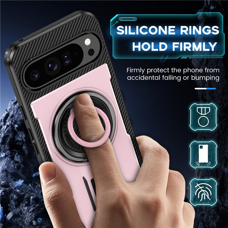 For Google Pixel 9 Pro XL Case TPU+PC Kickstand Phone Cover with Silicone Finger Strap - Rose Gold