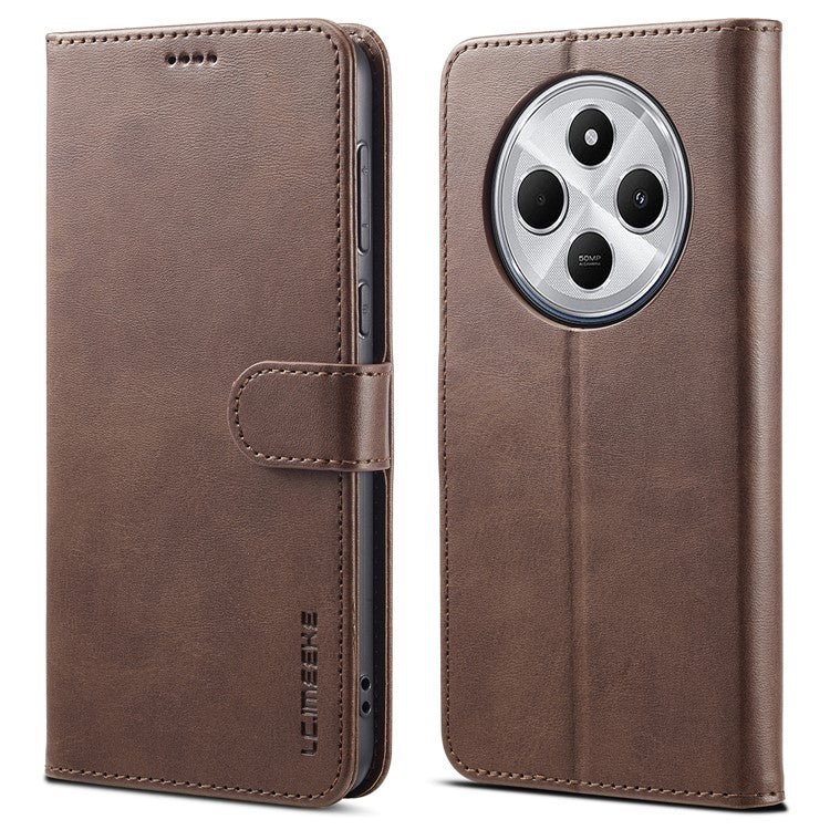 LC.IMEEKE For Xiaomi Poco C75 4G / Redmi 14R 5G / 14C 4G Case Calf Texture PU Leather Stand Wallet Phone Cover - Brown