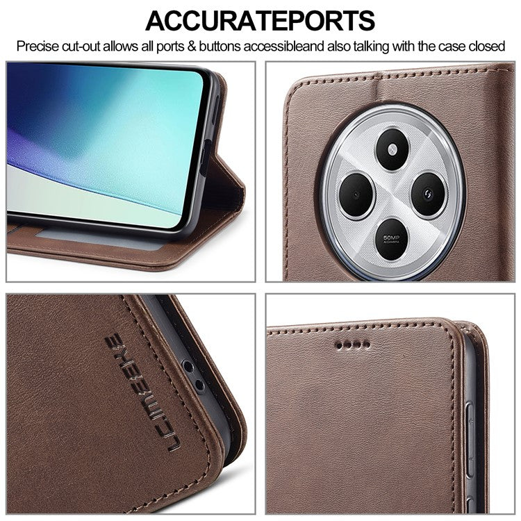 LC.IMEEKE For Xiaomi Poco C75 4G / Redmi 14R 5G / 14C 4G Case Calf Texture PU Leather Stand Wallet Phone Cover - Brown