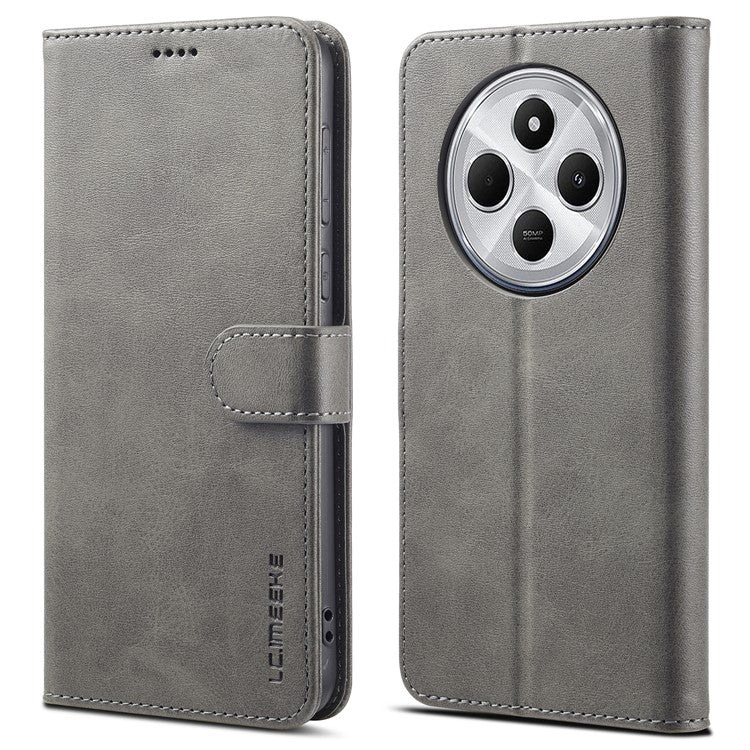 LC.IMEEKE For Xiaomi Poco C75 4G / Redmi 14R 5G / 14C 4G Case Calf Texture PU Leather Stand Wallet Phone Cover - Grey