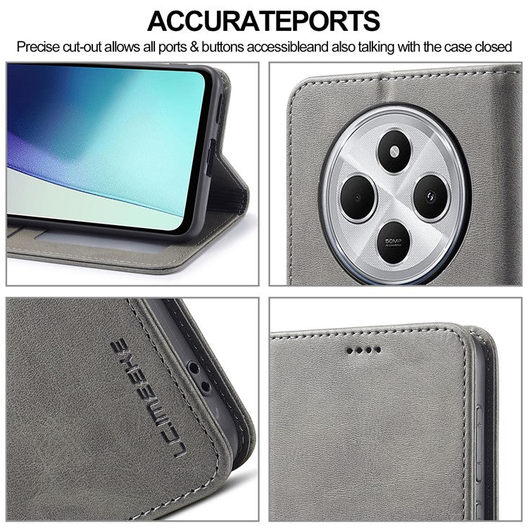 LC.IMEEKE For Xiaomi Poco C75 4G / Redmi 14R 5G / 14C 4G Case Calf Texture PU Leather Stand Wallet Phone Cover - Grey