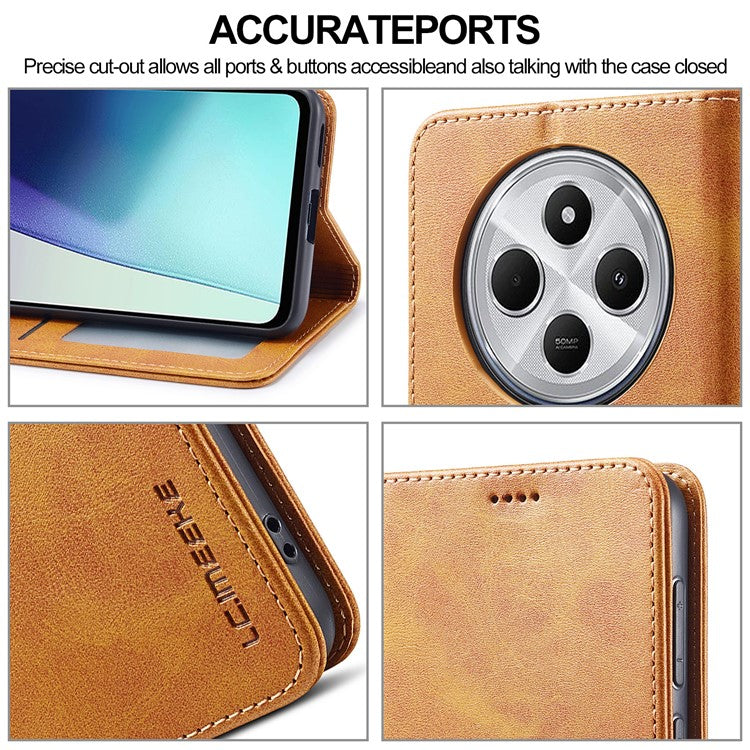 LC.IMEEKE For Xiaomi Poco C75 4G / Redmi 14R 5G / 14C 4G Case Calf Texture PU Leather Stand Wallet Phone Cover - Yellow