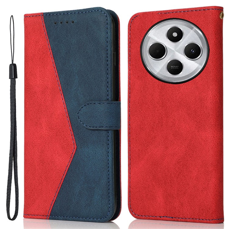 For Xiaomi Poco C75 4G / Redmi 14R 5G / 14C 4G Cover Color Splicing Wallet Stand Leather Phone Case with Wrist Strap - Red+Blue