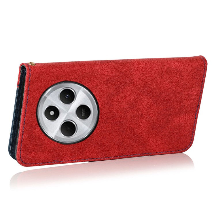 For Xiaomi Poco C75 4G / Redmi 14R 5G / 14C 4G Cover Color Splicing Wallet Stand Leather Phone Case with Wrist Strap - Red+Blue