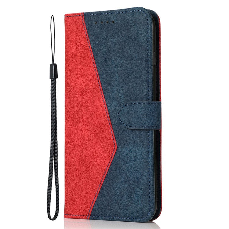 For Xiaomi Poco C75 4G / Redmi 14R 5G / 14C 4G Cover Color Splicing Wallet Stand Leather Phone Case with Wrist Strap - Red+Blue