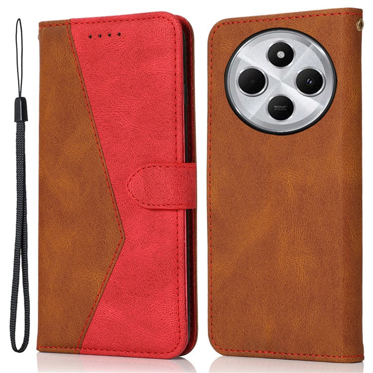 For Xiaomi Poco C75 4G / Redmi 14R 5G / 14C 4G Cover Color Splicing Wallet Stand Leather Phone Case with Wrist Strap - Brown+Red