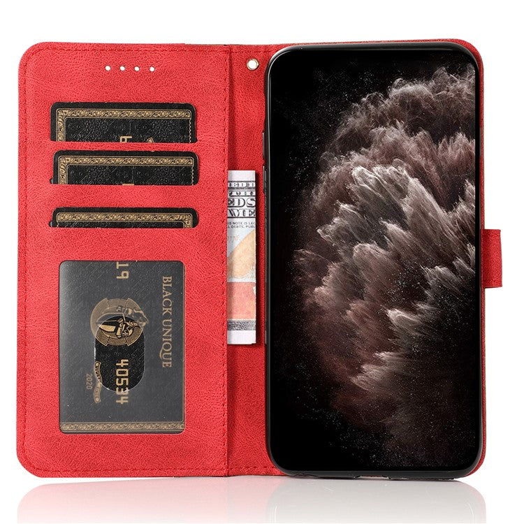 For Xiaomi Poco C75 4G / Redmi 14R 5G / 14C 4G Cover Color Splicing Wallet Stand Leather Phone Case with Wrist Strap - Brown+Red