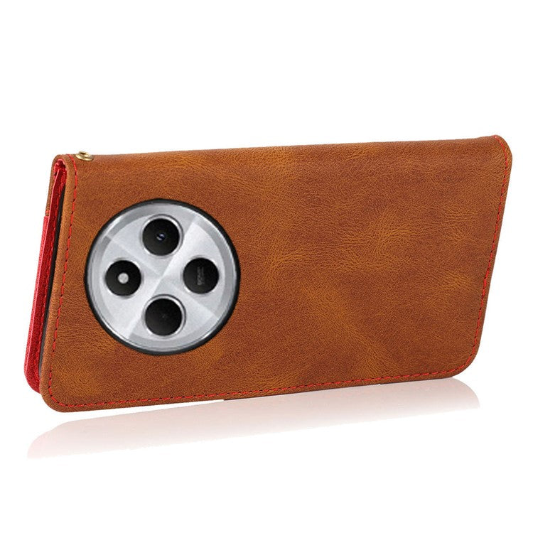 For Xiaomi Poco C75 4G / Redmi 14R 5G / 14C 4G Cover Color Splicing Wallet Stand Leather Phone Case with Wrist Strap - Brown+Red