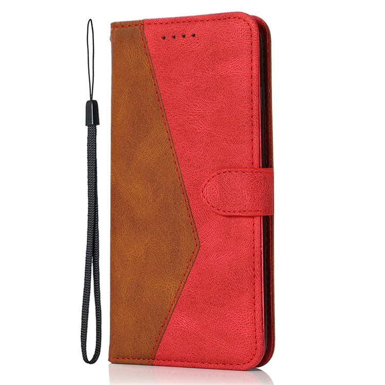 For Xiaomi Poco C75 4G / Redmi 14R 5G / 14C 4G Cover Color Splicing Wallet Stand Leather Phone Case with Wrist Strap - Brown+Red