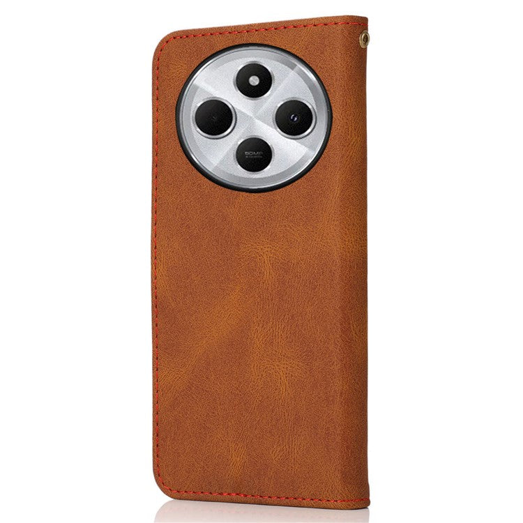 For Xiaomi Poco C75 4G / Redmi 14R 5G / 14C 4G Cover Color Splicing Wallet Stand Leather Phone Case with Wrist Strap - Brown+Red