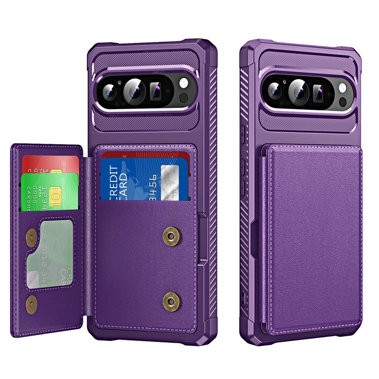 For Google Pixel 9 Pro XL Case Card Slot Kickstand Leather+TPU Reinforced Corner Phone Cover - Purple