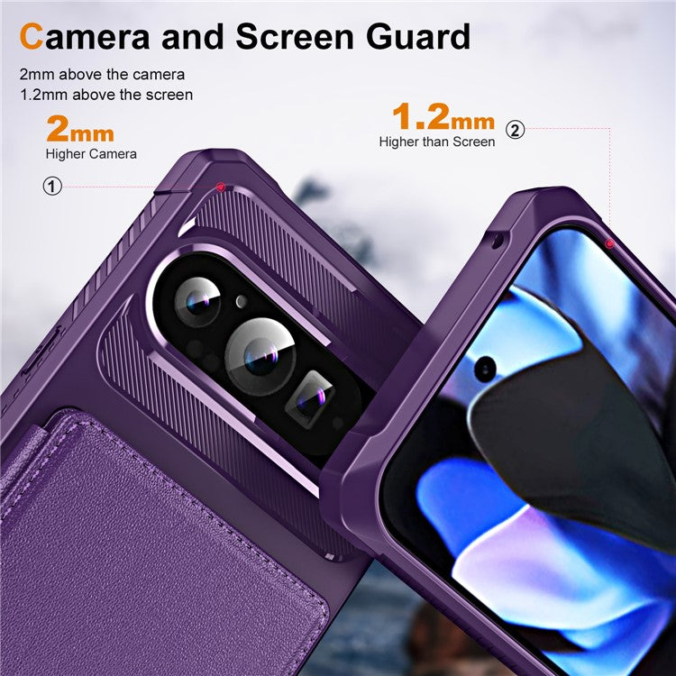 For Google Pixel 9 Pro XL Case Card Slot Kickstand Leather+TPU Reinforced Corner Phone Cover - Purple