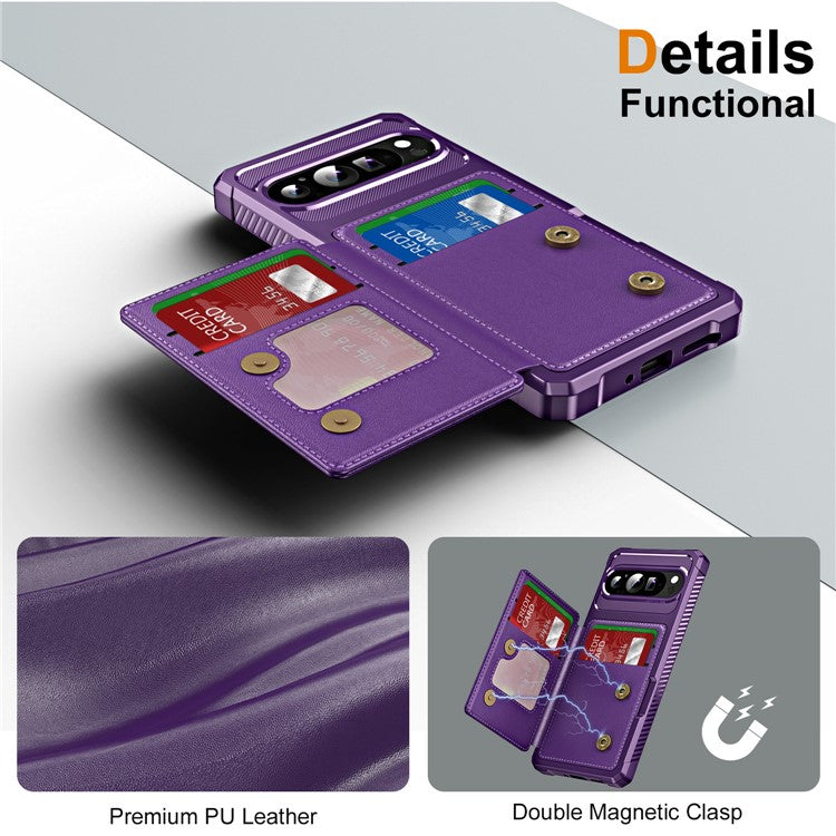 For Google Pixel 9 Pro XL Case Card Slot Kickstand Leather+TPU Reinforced Corner Phone Cover - Purple