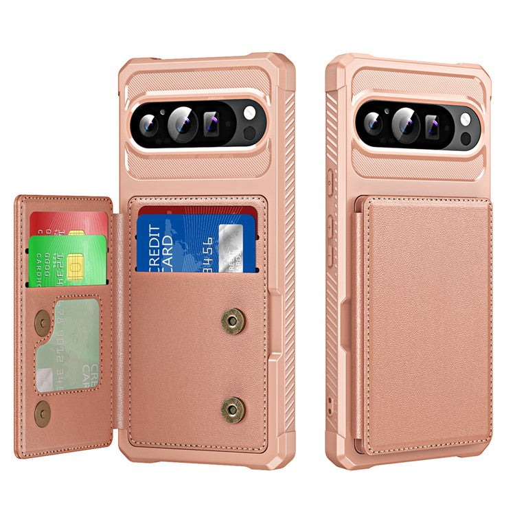 For Google Pixel 9 Pro XL Case Card Slot Kickstand Leather+TPU Reinforced Corner Phone Cover - Rose Gold