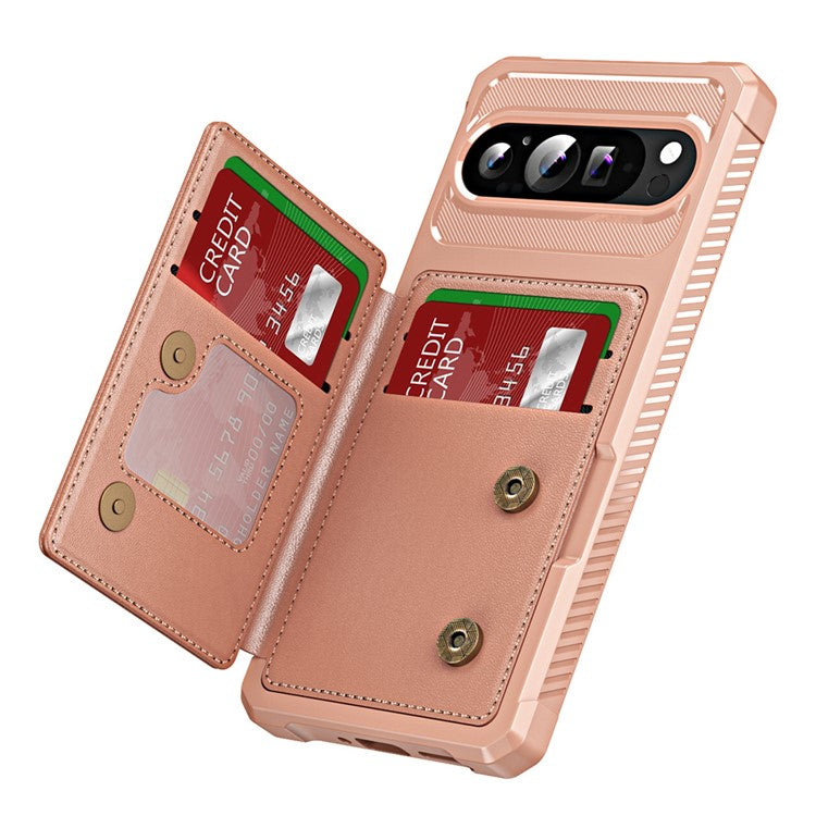 For Google Pixel 9 Pro XL Case Card Slot Kickstand Leather+TPU Reinforced Corner Phone Cover - Rose Gold