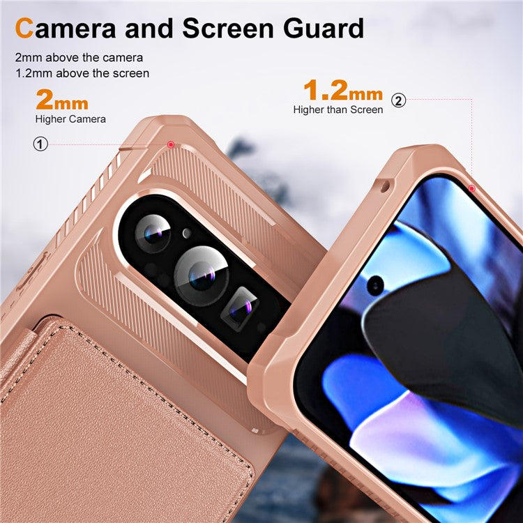 For Google Pixel 9 Pro XL Case Card Slot Kickstand Leather+TPU Reinforced Corner Phone Cover - Rose Gold