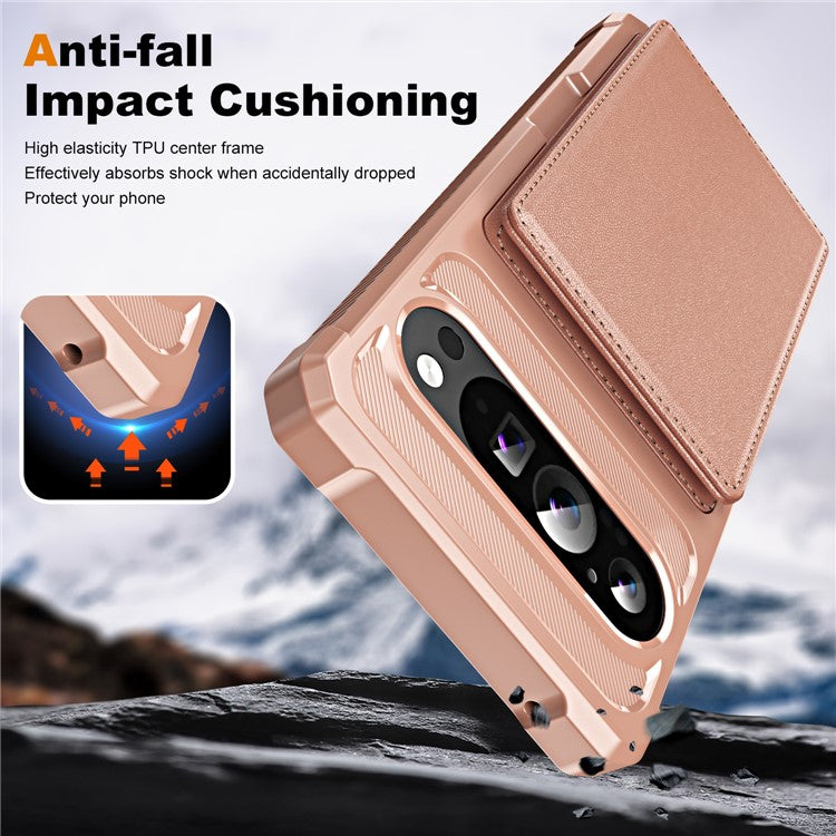 For Google Pixel 9 Pro XL Case Card Slot Kickstand Leather+TPU Reinforced Corner Phone Cover - Rose Gold