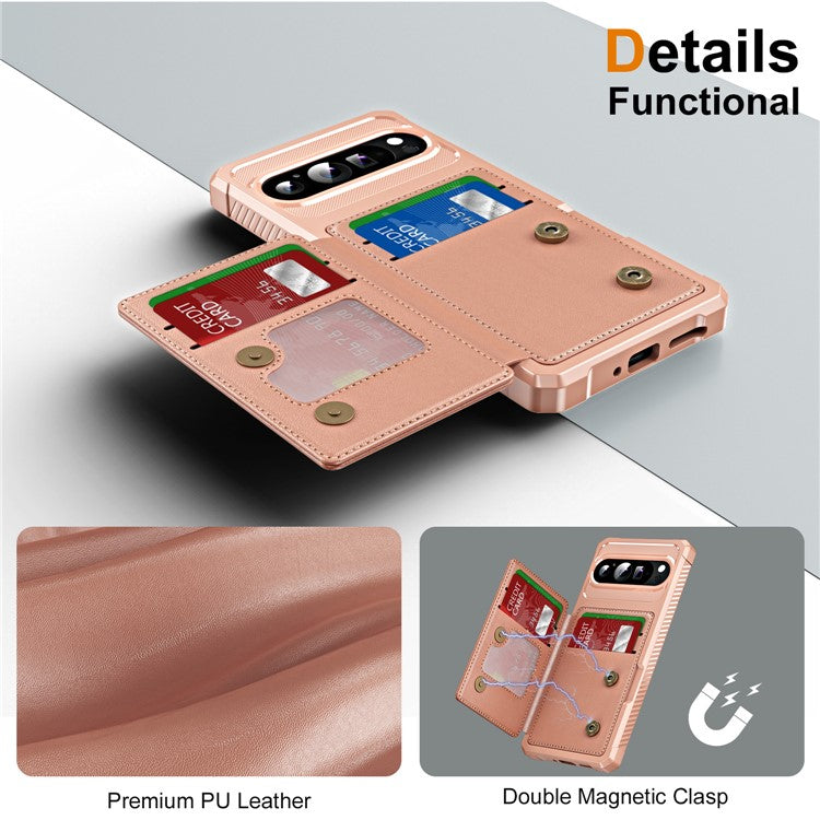 For Google Pixel 9 Pro XL Case Card Slot Kickstand Leather+TPU Reinforced Corner Phone Cover - Rose Gold