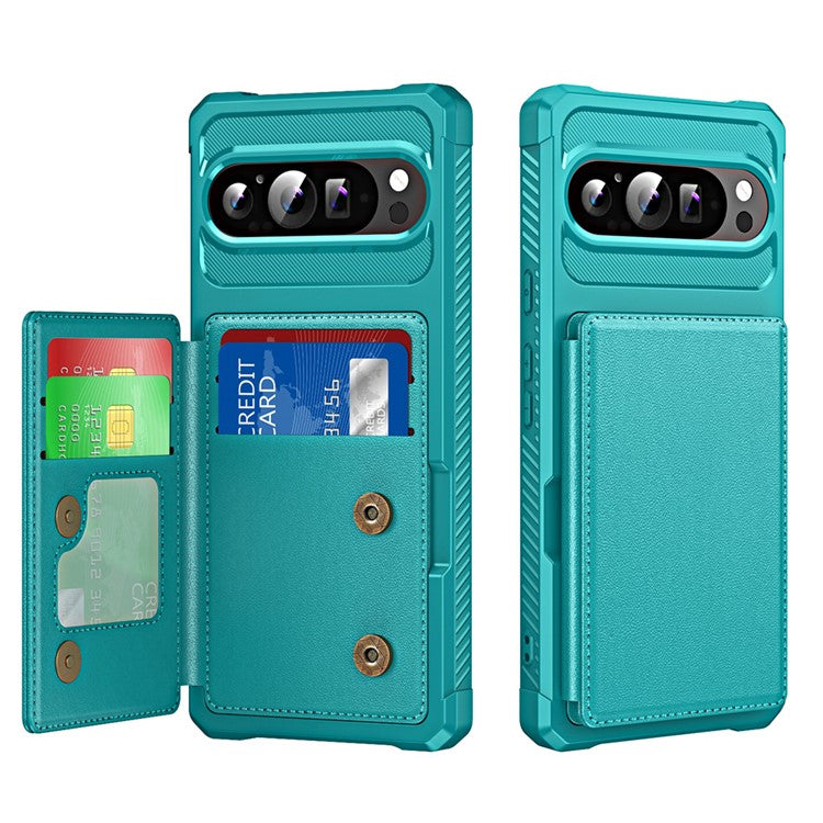 For Google Pixel 9 Pro XL Case Card Slot Kickstand Leather+TPU Reinforced Corner Phone Cover - Green