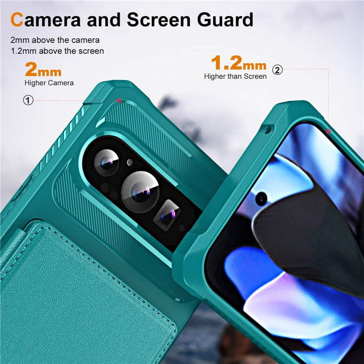 For Google Pixel 9 Pro XL Case Card Slot Kickstand Leather+TPU Reinforced Corner Phone Cover - Green