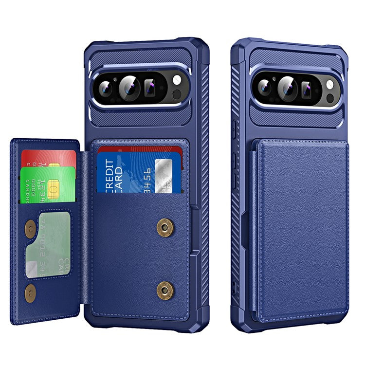 For Google Pixel 9 Pro XL Case Card Slot Kickstand Leather+TPU Reinforced Corner Phone Cover - Dark Blue