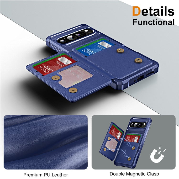 For Google Pixel 9 Pro XL Case Card Slot Kickstand Leather+TPU Reinforced Corner Phone Cover - Dark Blue