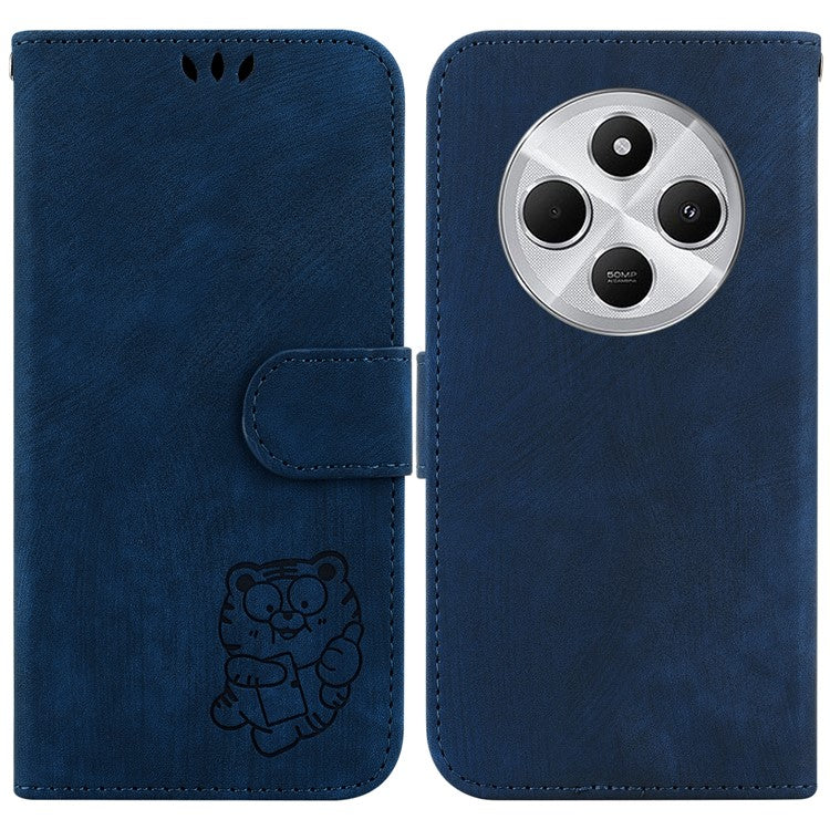 For Xiaomi Poco C75 4G / Redmi 14R 5G / 14C 4G Wallet Case Tiger Imprint Leather Shockproof Phone Cover - Dark Blue