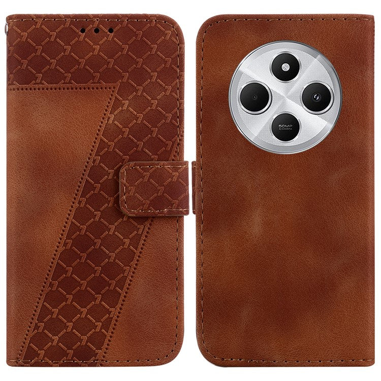 For Xiaomi Poco C75 4G / Redmi 14R 5G / 14C 4G Stand Case 7-Shaped Pattern Imprint Leather Phone Cover - Brown