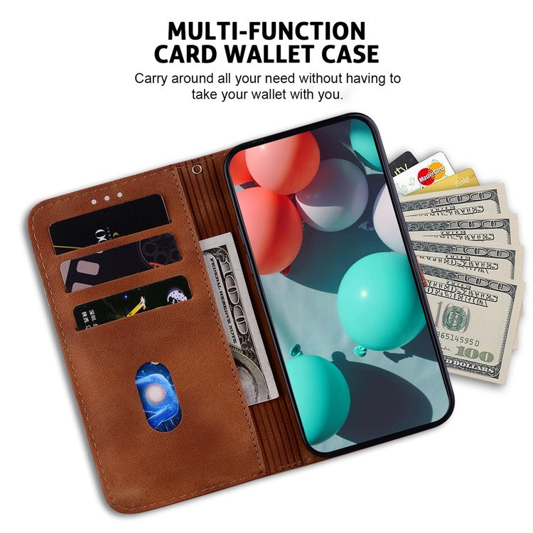 For Xiaomi Poco C75 4G / Redmi 14R 5G / 14C 4G Stand Case 7-Shaped Pattern Imprint Leather Phone Cover - Brown