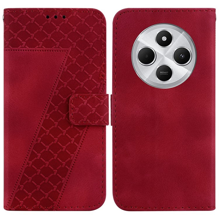 For Xiaomi Poco C75 4G / Redmi 14R 5G / 14C 4G Stand Case 7-Shaped Pattern Imprint Leather Phone Cover - Red