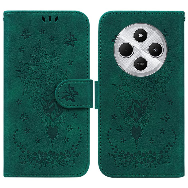 For Xiaomi Redmi 14C 4G Case PU Leather Wallet Phone Cover Butterfly Flower Imprint - Green