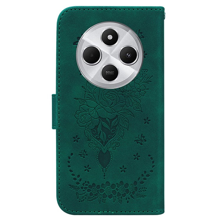 For Xiaomi Redmi 14C 4G Case PU Leather Wallet Phone Cover Butterfly Flower Imprint - Green