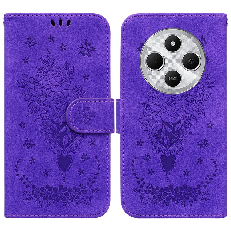 For Xiaomi Redmi 14C 4G Case PU Leather Wallet Phone Cover Butterfly Flower Imprint - Purple